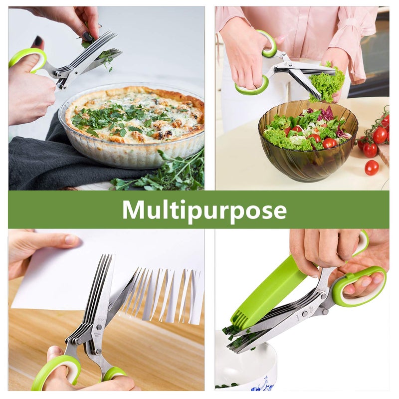 X-Chef Herb Scissors, X-Chef Multipurpose 5 Blade Kitchen Herb Shears Herb Cutter with Safety Cover and Cleaning Comb for Chopping Basil Chive Parsley (Green) - Image 4